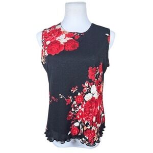 Ninety Womens Black Red Rose Floral Sleeveless Blouse Lettuce Edge Large 393617